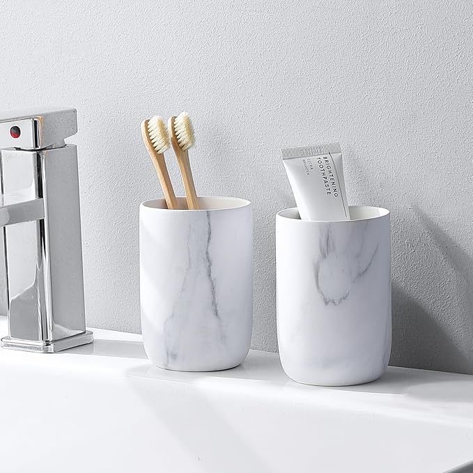 Marble Toothbrush Holders - 2 Ceramic Toothbrush Holders for Bathrooms Toothbrush Toothpaste Holders Set, White Bathroom Tumbler Cups Reusable Toothbrush Mouthwash Cup, Bathroom Counter Organizer.