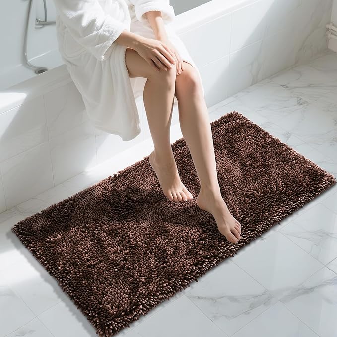 Yimobra Long Bathroom Rug Non Slip 44x24 Inch, Extra Thick Soft Absorbent Chenille Bath Mat, Machine Washable Quick Dry Bath Rugs for Bathroom Floor, Tub and Shower, Home Decor Accessories, Brown