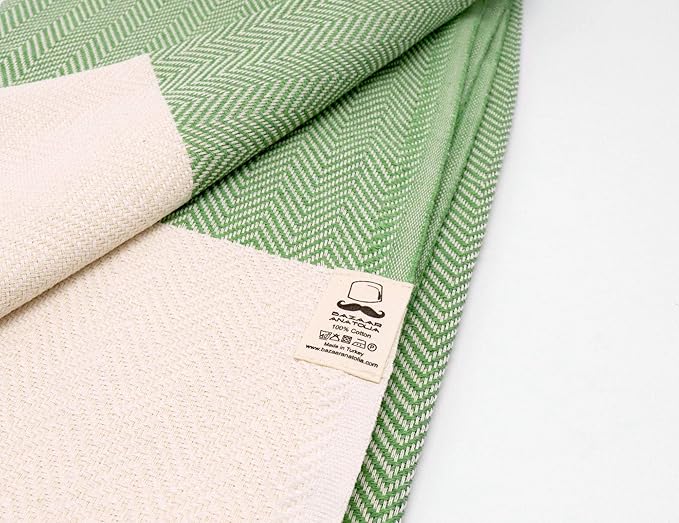 Bazaar Anatolia Turkish Beach Towel 100% Cotton Bath Towels 71x39 Quick Dry Sand Free Lightweight Large Oversized Herringbone Green