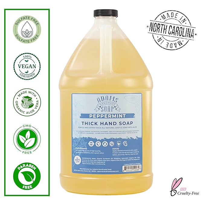 Adams Handmade Soap Thick Organic Castile Liquid Hand Soap 1 Gallon Refill - Peppermint (Pack of 4)