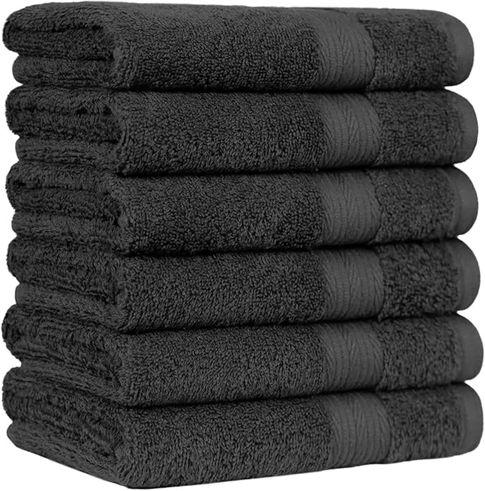 Amazon Basics 6 Piece Fade Resistant Hand Towel, 100% Cotton, Black, 26'' x 16''