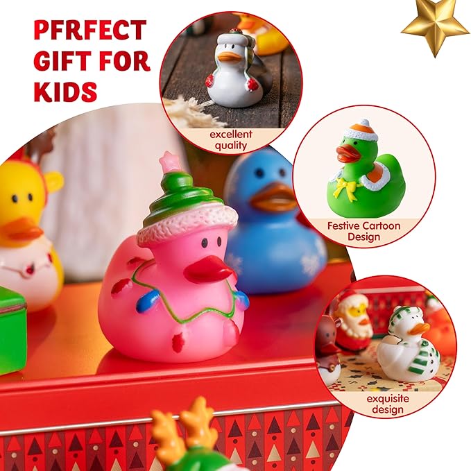 JOYIN 24 Pcs Christmas Ducks Bath Toys, Assorted Cute Rubber Duckies Bulk for Christmas Party Favors, Mini Ducky Baby Bathtub Shower Pool Toys for Kids, Xmas Table Dcorations Stocking Stuffers Gifts