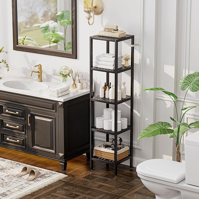 SMIBUY Bathroom Storage Shelf, 5-Tier Bamboo Rack Organizer, Multifunctional Shelving Unit for Living Room Bedroom Kitchen (Black)