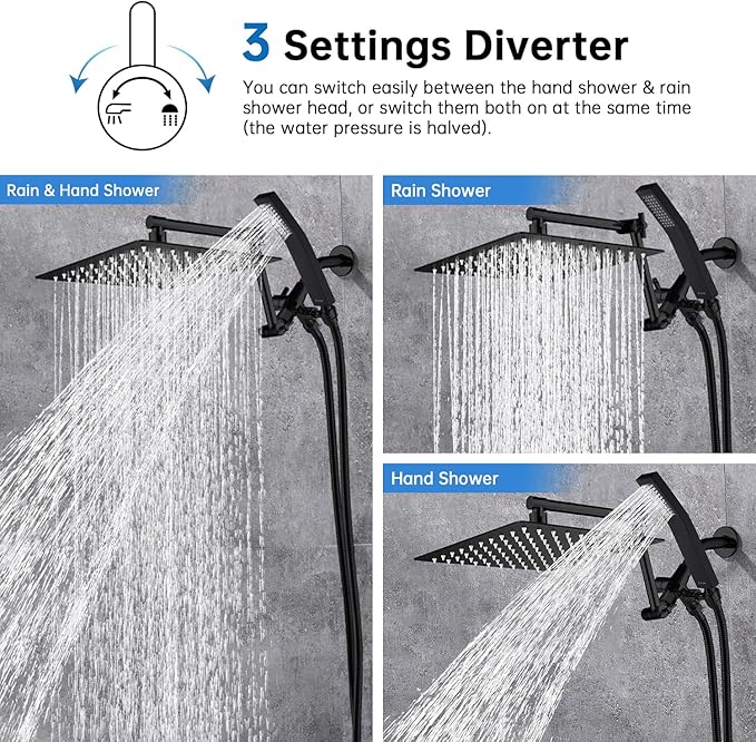 G-Promise All Metal 12 Inches Rainfall Shower Head with Handheld Spray Combo, 3 Settings Diverter, Adjustable Extension Arm with Lock Joints, 71 Inches Stainless Steel Hose (Matte Black)