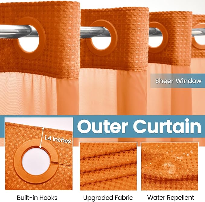 Burnt Orange No Hook Shower Curtain with Snap in Liner,230GSM Waffle Weave Shower Curtains for Bathroom,71W x 74H