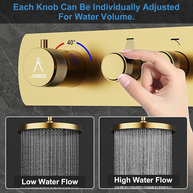 Shower System Brass Thermostatic Shower Faucet Set With Valve and Diverter Shower Mixer with 2 Rain Shower Head and Multi-function Handheld Head（Brushed Gold）