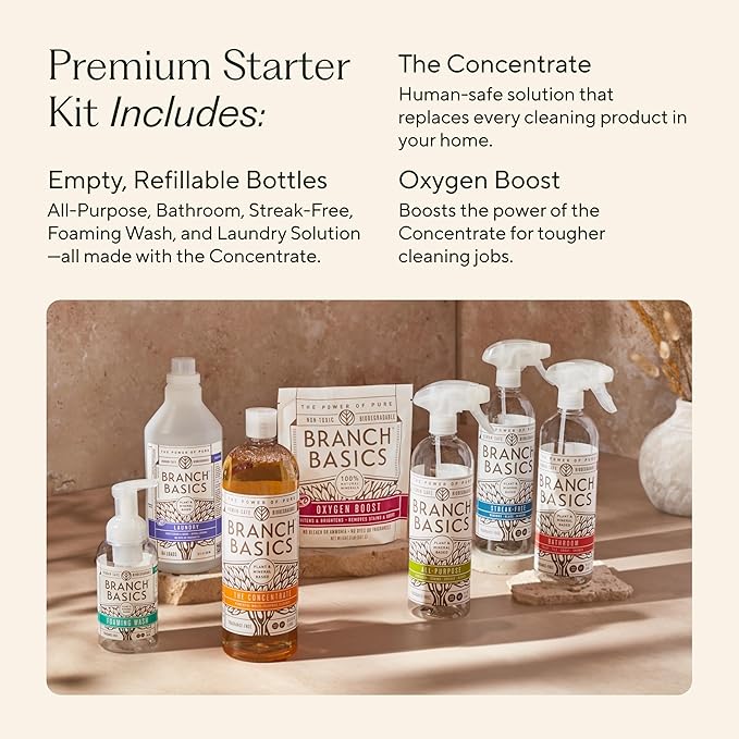Branch Basics Premium Starter Kit: All Purpose, Glass, and Bathroom Cleaner plus our Foaming Wash, and Laundry Bottle (3 Plastic Spray Bottles + Concentrate) Fragrance-Free