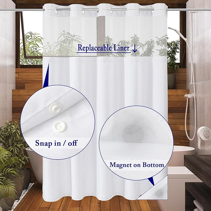 Gibelle No Hook Waffle Weave Shower Curtain with Snap-in Fabric Liner Set for Bathroom, Hotel Style with Mesh Top Window, Waterproof & Washable, Ombre Black, 72x74