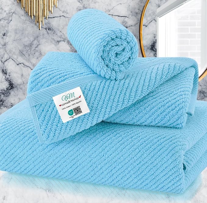 VOOVA & MOVAS Ocean Blue Towels for Bathroom, 100% Cotton | Quick Dry | Soft | Thick,3 Piece Towel Set, 1 Large Bath 30" x 56", 1 Hand 18" x 28", 1 Wash Cloth 13" x 13", Bathroom Essentials