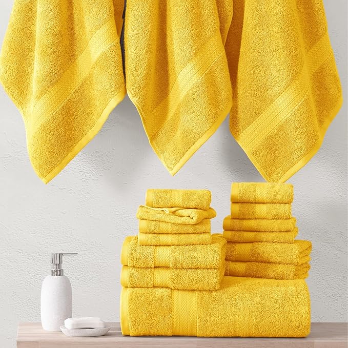 LANE LINEN 100% Cotton Bath Towels Set - 24 PCs - Durable, Quick Dry, Soft & Highly Absorbent - 4 Bath, 4 Fingertip, 6 Hand Towel, 8 Washcloths, 2 Bath Sheets - Remains Fluffy After Washing - Mimosa