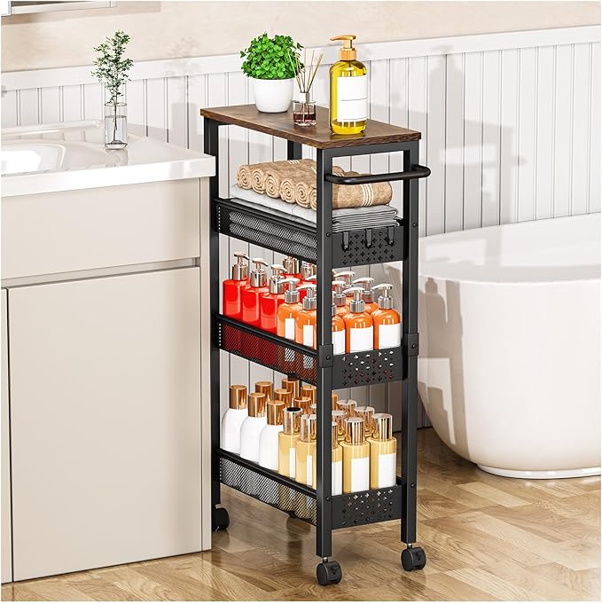 Utility Slim Storage Cart with Wheels, 4-Tier Narrow Rolling Organizer Shelf with Wood Top, Metal Storage Rack and Space-Saving Organizer for Bathroom, Kitchen, Laundry Room, Small Spaces
