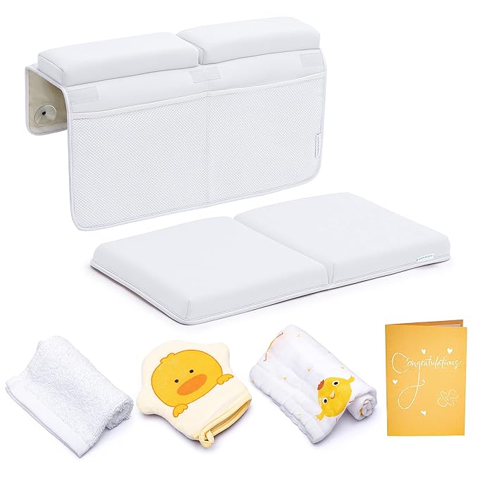 Bath Kneeler and Elbow Rest Pad, Extra Thick Baby Bath Kneeling Pad and Elbow Pad for Bathtub. Bath Tub Elbow Pad with Infant Toy and Baby Accessories Organizer, Off White Color