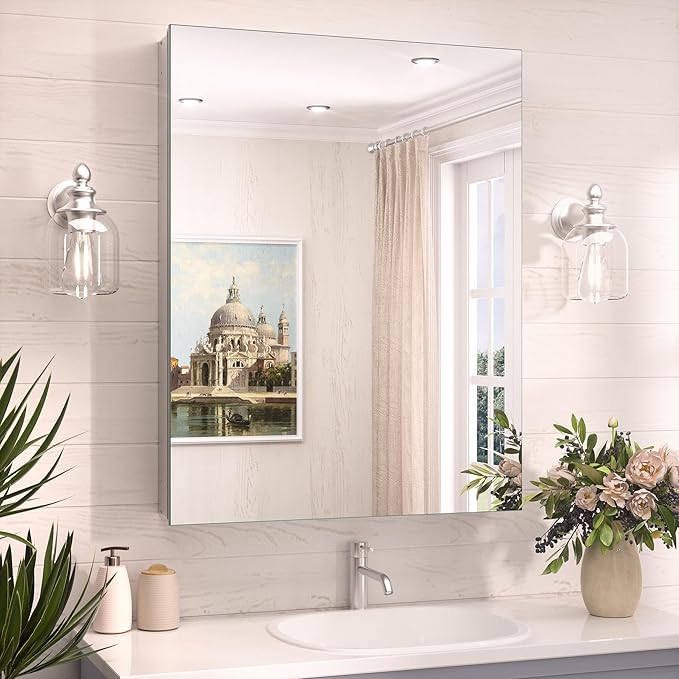 TokeShimi 24x32 Mirrored Medicine Cabinet Recessed or Wall Mount, Aluminum Tempered Silver Bathroom Medicine Cabinet with Mirror with Stepless Adjustable Storage Metal for Modern Farmhouse