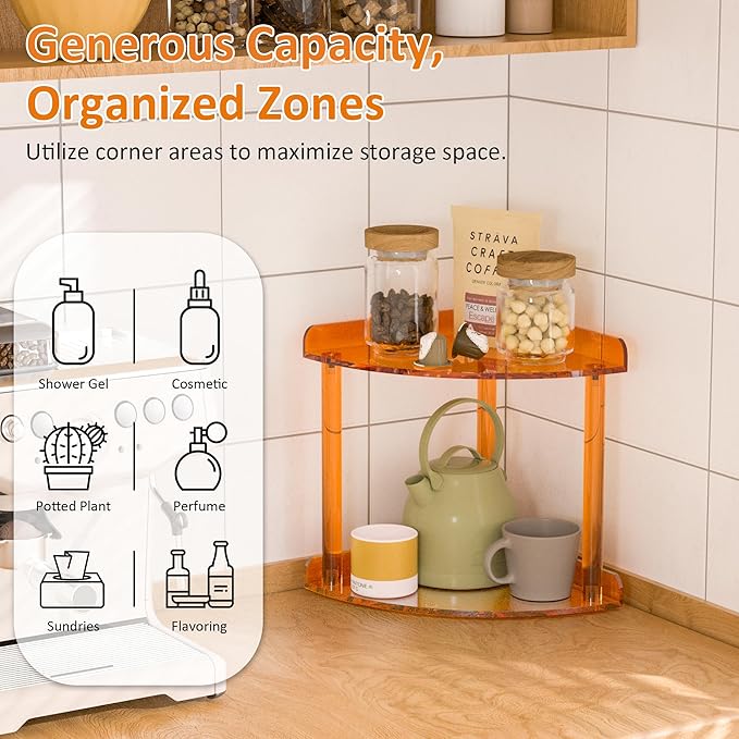 2 Tier Acrylic Corner Shelf Organizer Storage 9.5x9.5x8 Inch, Orange Countertop Corner Shelf for Bathroom, Kitchen, Bedroom, Office, Study Room