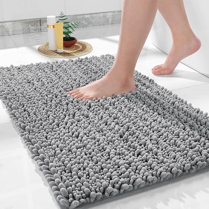Yimobra Bathroom Rugs Non Slip Washable - Ultra Soft Absorbent Chenille Bath Mat, Quick Dry Shaggy Floor Carpet for Tub Shower, Gray Home Decor Accessories, 24x17 Inch