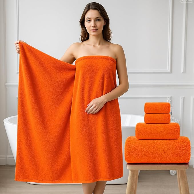 REDKISS Luxury Bath Towel Set of 4, 100% Cotton 900 GSM Premium Bathroom Towels, Ultra Soft, Highly Absorbent & Quick Dry Bath Sheets, No Shedding, Hotel & Home Spa Towel Sets for Adults - Orange