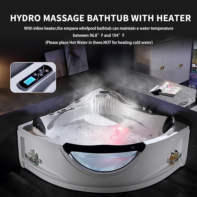 Empava Corner Whirlpool Bathtub with Heater,2 Person 59" Jetted Tub with Light,Spa Hydromassage with Chromatherapy,Acrylic,White, ETL Certified