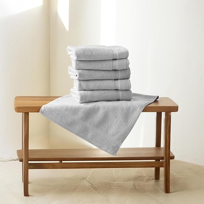 SALBAKOS 100% Turkish Cotton Hand Towel Set of 6 16x30 inch | Heirloom Quality | Hotel & Spa Collection | Soft, Super Absorbent, Long Lasting Hand Towels | Made in Turkey (Silver, 6 Hand Towels)