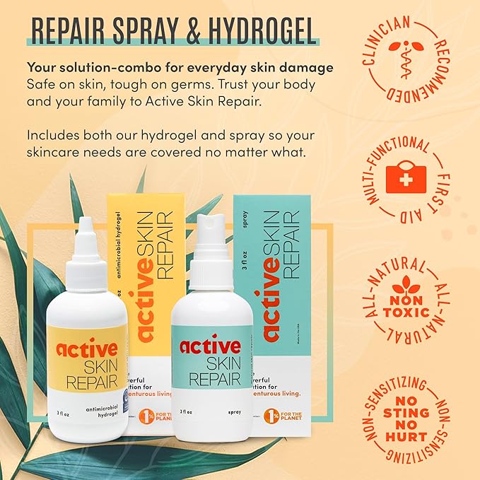 Active Skin Repair - First Aid Natural & Non-Toxic Healing Ointment & Antiseptic Spray for Minor Cuts, Wounds, Scrapes, Rashes, Sunburns, and Other Skin Irritations (Bundle, Combo, 3 oz Each)