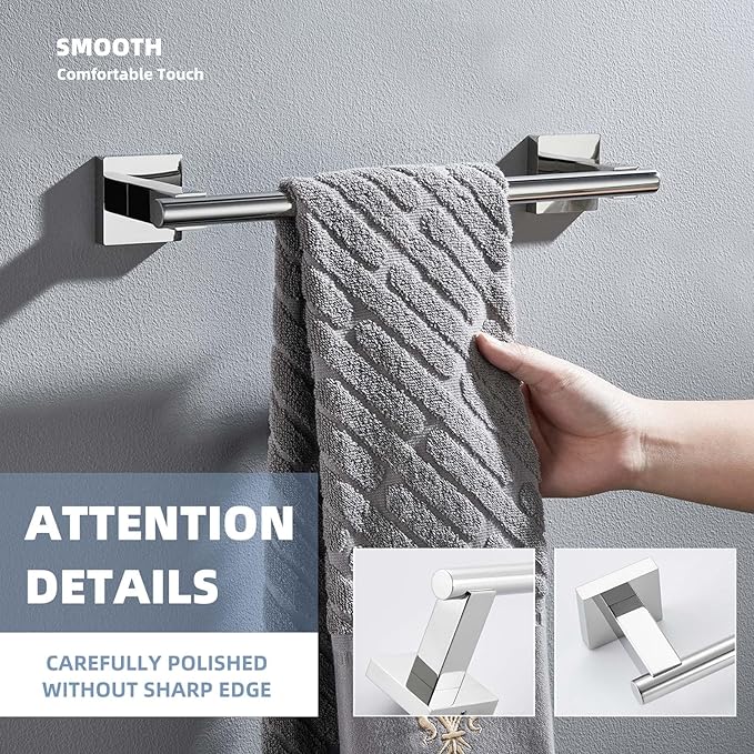 Hand Towel Bar 14", Suyar SUS304 Stainless Steel Shower Towel Holder, Bathroom Kitchen Closet Cabinet Washcloth Rack Wall Mounted, Polished Chrome
