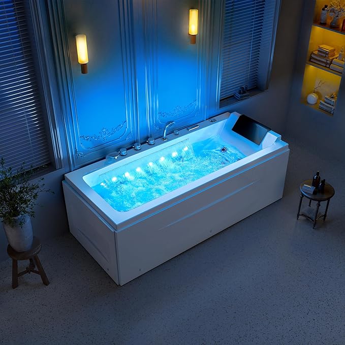 Empava Whirlpool Bathtub, 67-Inch Jetted Bathtub, Hydro Massage with 9 Water Jets & 8 Air Jets with Chromotherapy, Waterfall – LED Control Panel, ETL-Certified