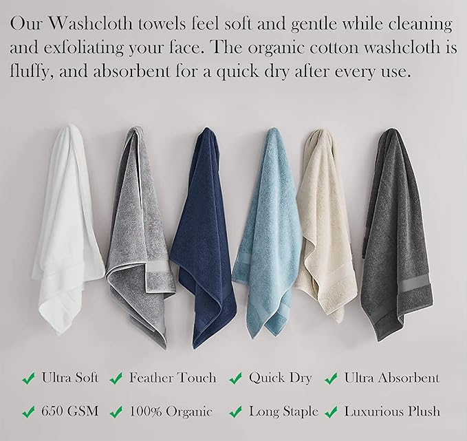 Delara Organic Cotton Luxuriously Plush Washcloths Pack of 6 | GOTS & Oeko-TEX Certified | Premium Quality Face Towels | Feather Touch Technology|650 GSM Long Staple|Soft, Quick Dry & Ultra-Absorbent