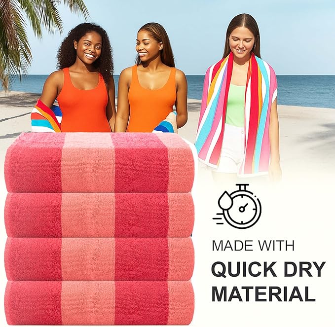 CASA COPENHAGEN Malibu Beach Towels Designed in Denmark Rough and Tough, Quick Dry, for Pool, Bath & Shower 30x60 inches 4 Pieces Cotton Beach Bath Towels Set - Pink