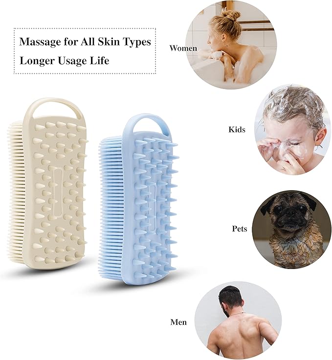 2 PC Silicone Body Scrubber, 2 in 1 Exfoliating Shower Bath Scrubber, Soft Silicone Loofah for Sensitive Skin, Shower Hair Scalp Massager, Easy to Clean, Lather Well (Grey&Blue)