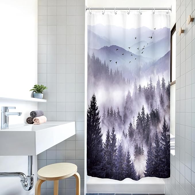 Riyidecor Stall Half Small Rv Shower Curtain 36Wx72H Inch Purple Mountain Camp Narrow Scenery Nature Woodland Pine Tree Bathroom Decor Fabric Polyester Waterproof 7 Pack Hooks
