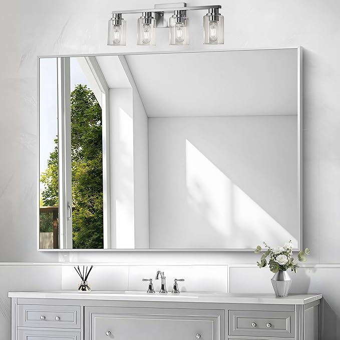 BONEWEI Silver Bathroom Mirror,36x48 inch Wall Mirror for Bathroom Wall Mounted,Large Rectangle Mirror for Bathroom Over Sink,Modern Metal Frame for Living Room,Bedroom Entryway,Horizontal/Vertical