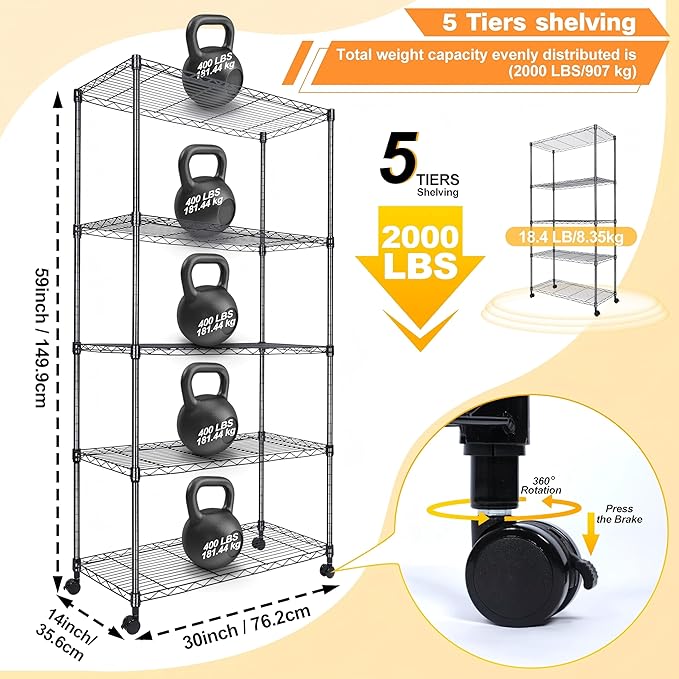 Whitmor 5 Tier Shelving Unit, Adjustable Storage Shelves with Wheels, 400 lbs Capacity per Shelf, Max 2000 lbs Total for Pantry, Kitchen, Garage, 30" L x 14" W x 60" H, Black
