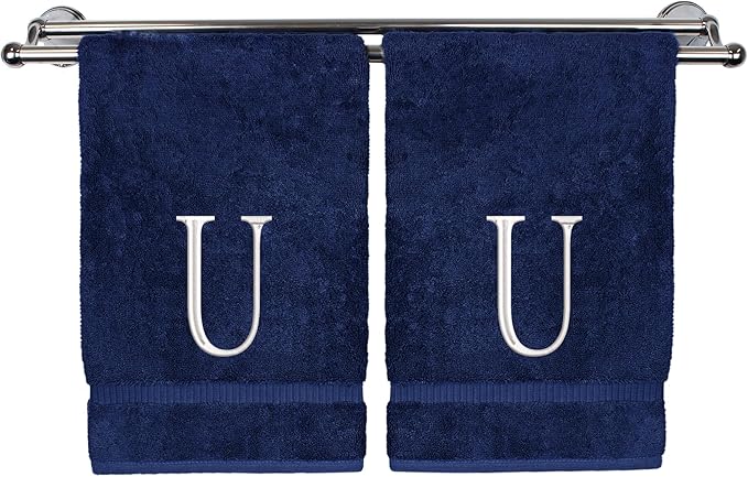 Monogrammed Hand Towel, Personalized Initial Gift, Extra Absorbent 100% Turkish Cotton - Soft Terry Finish - Set of 2 - White Block Initial U - Embroidered on Navy Blue Towels