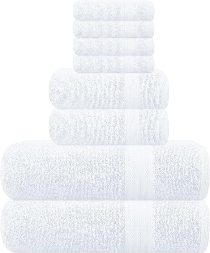 GLAMBURG Ultra Soft 8-Piece Towel Set - 100% Pure Ringspun Cotton, Contains 2 Oversized Bath Towels 27x54, 2 Hand Towels 16x28, 4 Wash Cloths 13x13 - Ideal for Everyday use, Hotel & Spa - White