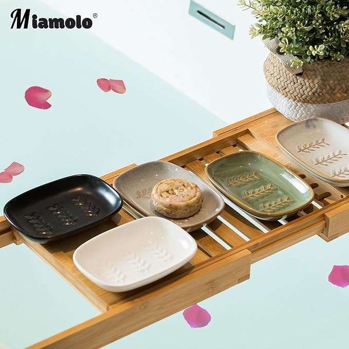 Soap Dish Soap Holder Shower, Ceramic Soap Dishes for Bar Soap Sponge, Shower Soap Dish Soap Saver Tray for Bathroom Kitchen Sink, Easy to Clean, Green