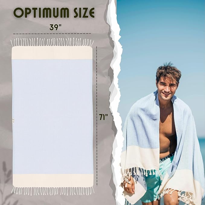 Bazaar Anatolia Turkish Beach Towel 100% Cotton Bath Towels 71x39 Quick Dry Sand Free Lightweight Large Oversized Herringbone Light Blue