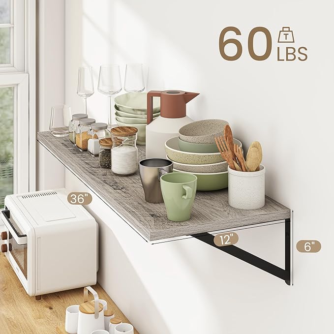 Dreamland Deep Floating Shelves for Wall, Grey Wood Wall Mounted Shelves, Large Floating Shelf 12 * 36 inch Set of 2 for Bookshelf Living Room Bedroom Home Office Bathroom