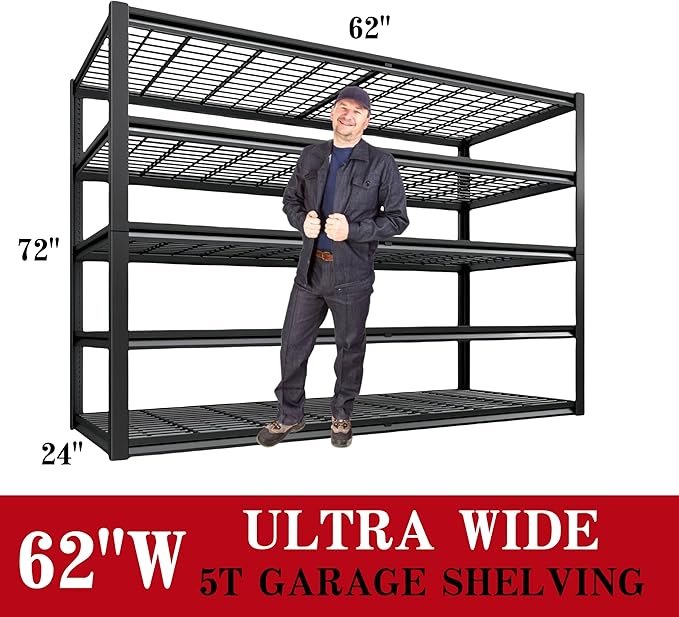 62" W x 24" D x 72" H Garage Shelving Heavy Duty Metal Shelving 3500LBS Storage Shelves Adjustable Metal Shelves for Storage Industrial Garage Shelves for Warehouse Basement (5T 72*62*24)