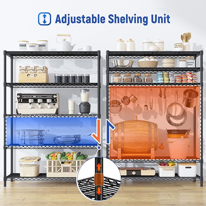 5 Tier Storage Shelves 71" H Wire Shelving Adjustable Metal Shelving,1000LBS Pantry Shelves Sturdy Steel Wire Shelf for Kitchen Commercial Pantry Garage Warehouse,71" H X35.5 W X13.8 D, Black