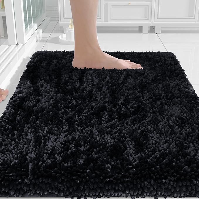 Yimobra Chenille Bathroom Rugs Non Slip, Extra Thick Soft Absorbent Bath Rug, Machine Washable Quick Dry Bath Mat for Bathroom Floor, Tub and Shower, Home Decor Accessories, 24x17, Black