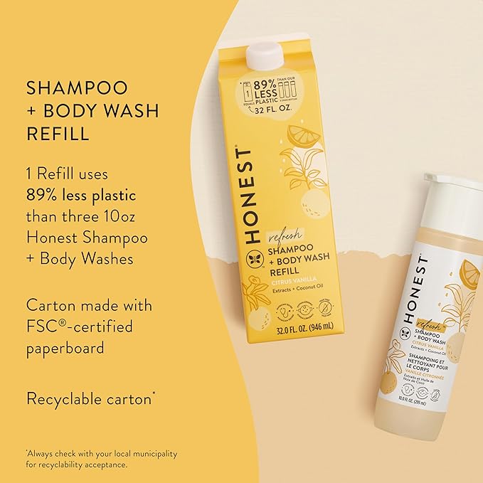 The Honest Company 2-in-1 Cleansing Shampoo Body Wash Refill Carton Gentle for Baby Naturally Derived Tear-free Hypoallergenic Citrus Vanilla Refresh 32 fl oz