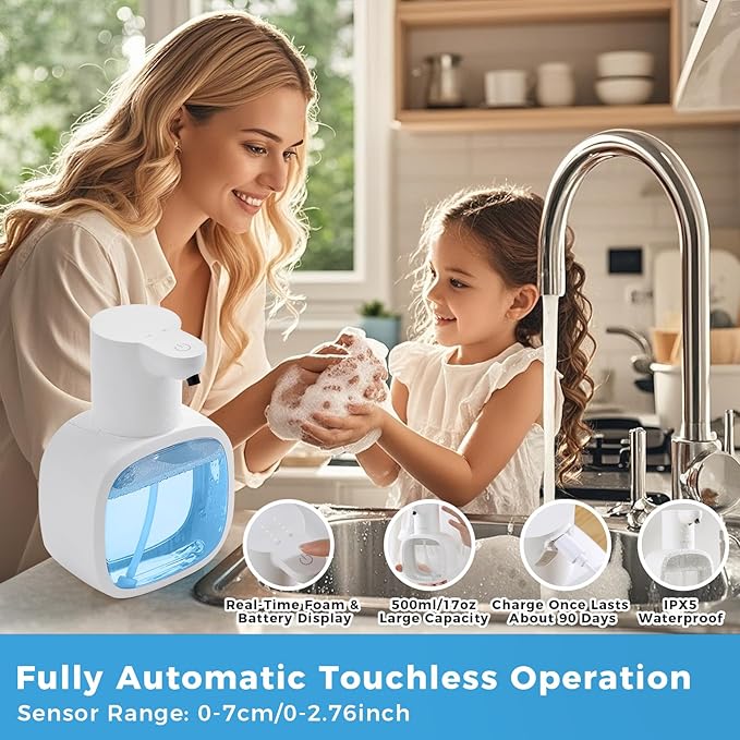 Automatic Foaming Soap Dispenser, 17oz/500ml Touchless Rechargeable with 4-Level Adjustable & IPX5 Waterproof - Level Display for Wall/Tabletop Use in Bathroom, Kitchen, White