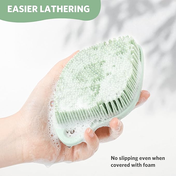 Sndyi Silicone Body Scrubber, Gentle Exfoliating Body Scrubber for Sensitive Skin, Leaf Shaped Shower Scrubber for Body with Lathering Bristles, Silicone Loofah Body Brush for Showering, Green