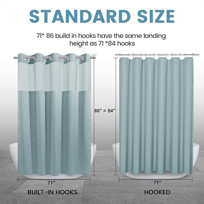 Fog Blue Long No Hook Shower Curtain with Snap in Liner,230GSM Waffle Weave Shower Curtains for Bathroom,71W x 86H