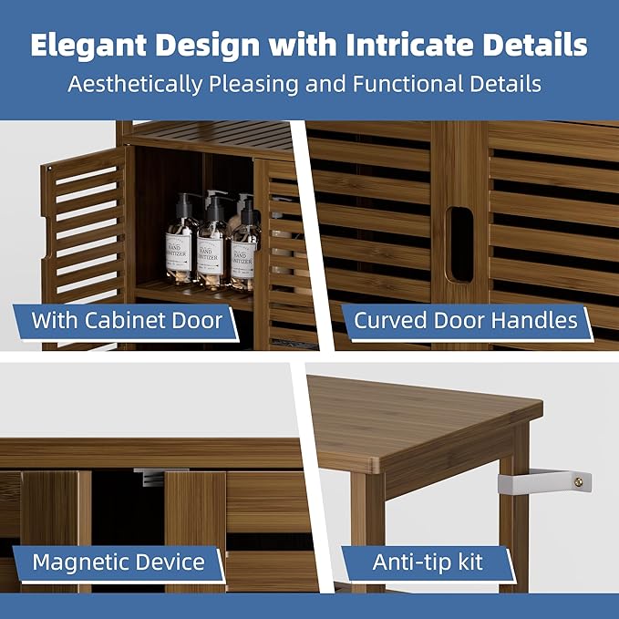 HITNET Walnut Bathroom Floor Cabinet, Bamboo Side Tall Storage Organizer, Freestanding Kitchen Cupboard with Door and Shelf