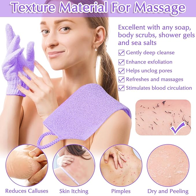 Anezus Exfoliating Back Scrubber Bath Gloves Set, Exfoliating Shower Towel with Shower Gloves for Body Scrub, Back Cleaner Wash Gloves to Remove Dead Skin (Purple)
