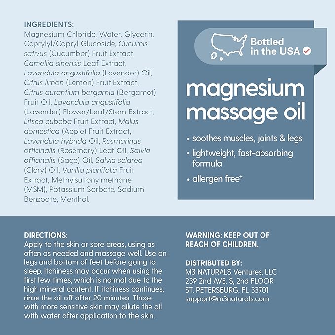 Magnesium Massage Oil for Sore Muscles, Feet, Joints and Leg Cramps, Helps with Sleeping and Post-Workout Recovery, for Sensitive Skin, 8 fl oz by M3 Naturals