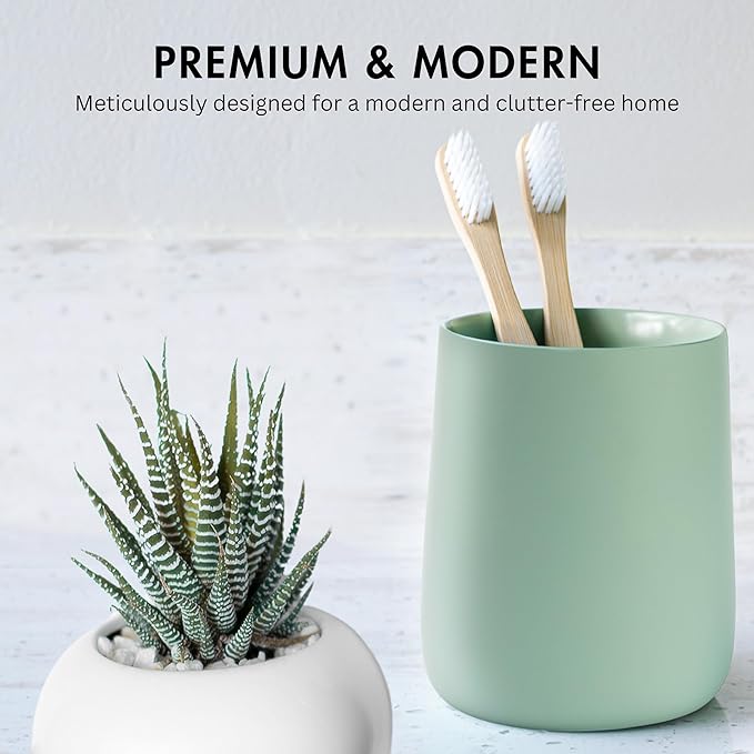 Matte Sage Green Toothbrush and Toothpaste Holder and Cup for Bathroom Vanity and Countertop, Round Organizer for Electric Toothbrushes, Floss, Razors, Cotton, and Mouthwash