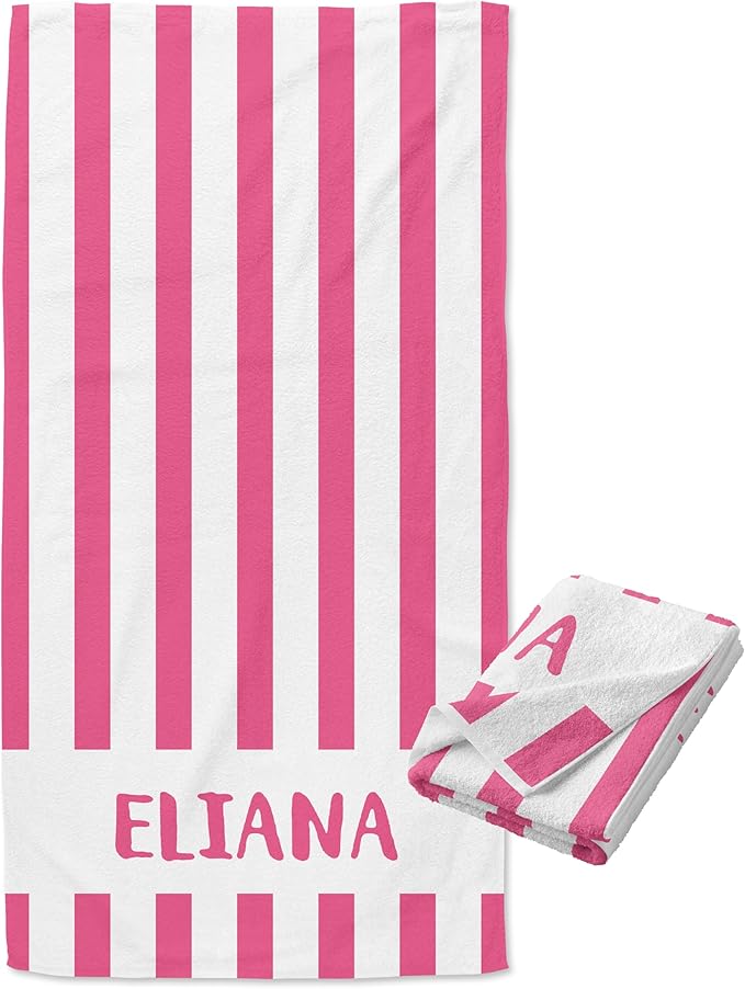 Ships Next Day - Personalized Beach Towel for Kids & Adults - Printed in USA - Custom Towels with Picture and Text - Quick Dry Pool Towels - Cotton/Poly Blend - 30" x 60" - Cabana Stripes