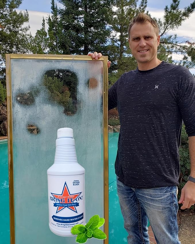 Bring It On Cleaner Hard Water Stain Remover for Glass, Soap Scum remover for Shower glass, Fiberglass, Windows, Tile and Grout Cleaner, Water Spot Remover for Glass Includes Scrubbing Drill Pads