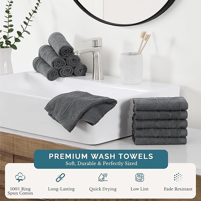 Casa Platino Wash Cloths Set of 12- Spa & Salon Quality - 100% Ring Spun Cotton Face Towels - Soft & Ultra Absorbent Washcloths for Body, Beauty, Home, Gym - Fingertip Towels - 13"x13", Cool Grey